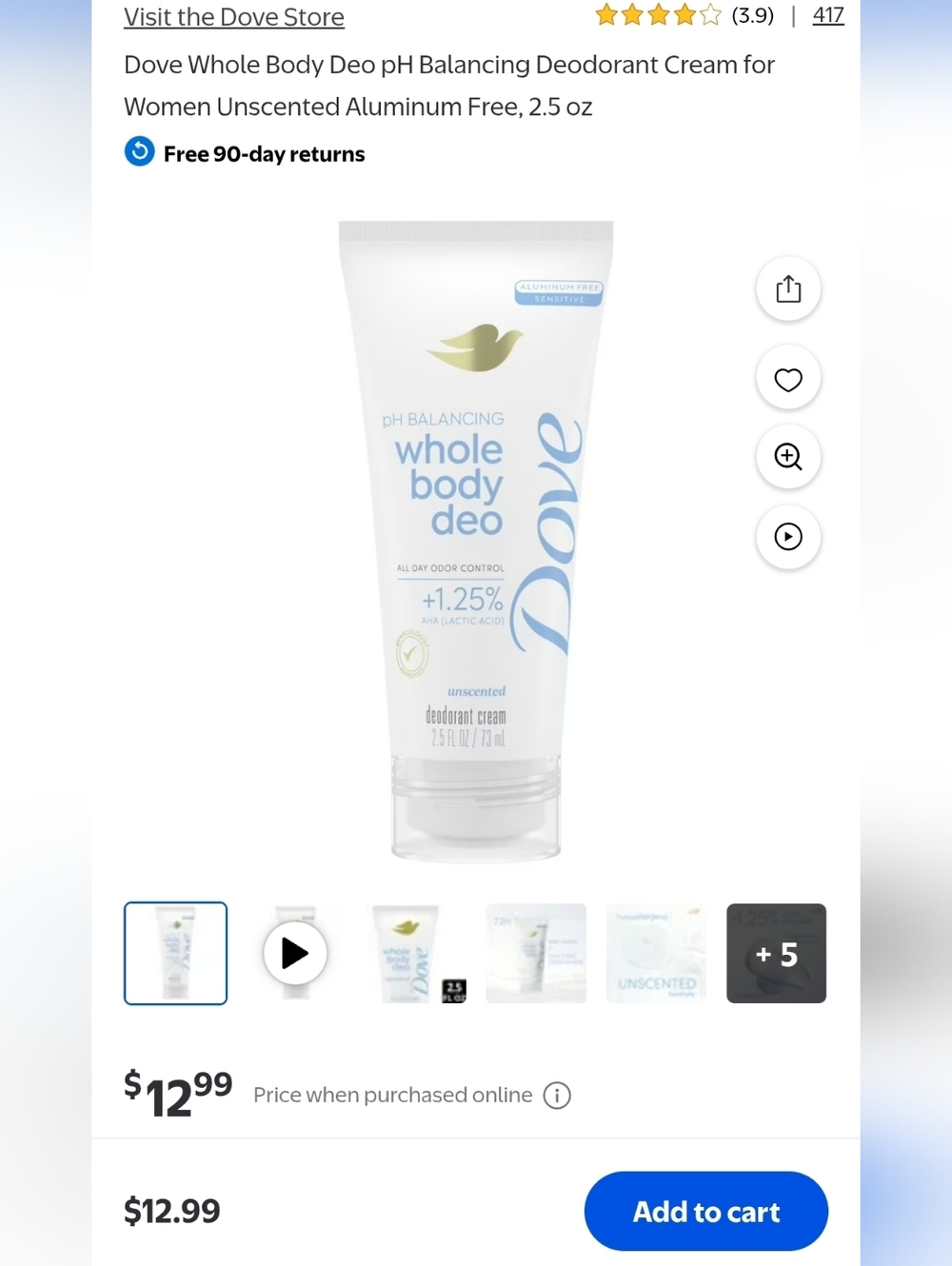 6 For $20 Dove Whole Body Deo Unscented Deodorant Cream - White